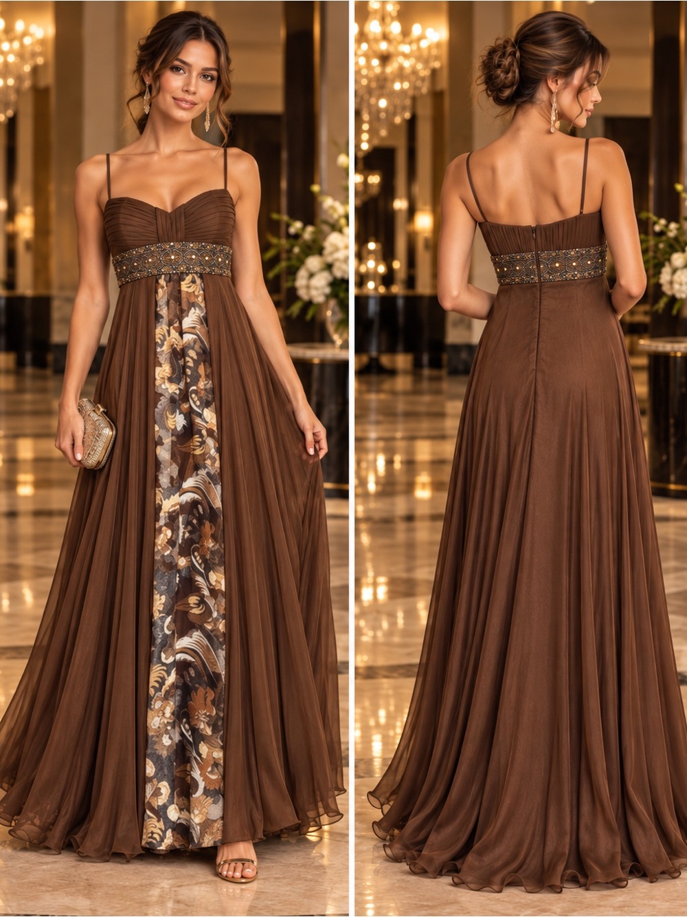 New Tony Bowls Brown Floral-Panel Evening Gown - Elegant Spaghetti Strap Dress